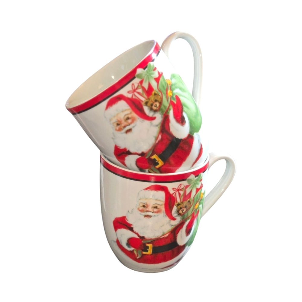 Fitz & Floyd Merry‎ Christmas Santa White, Red & Green Coffee Cake Mugs 2pc. Set